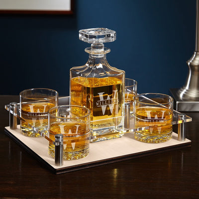 Custom Presentation Set with Carson Whiskey Decanter & Glasses - Bar Serving Tray & Display Set