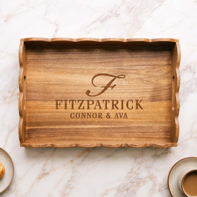 Personalized scalloped acacia serving tray