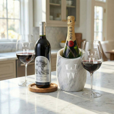 custom engraved Reed Marble Champagne & Wine Chiller w/ two Red Wine Glasses