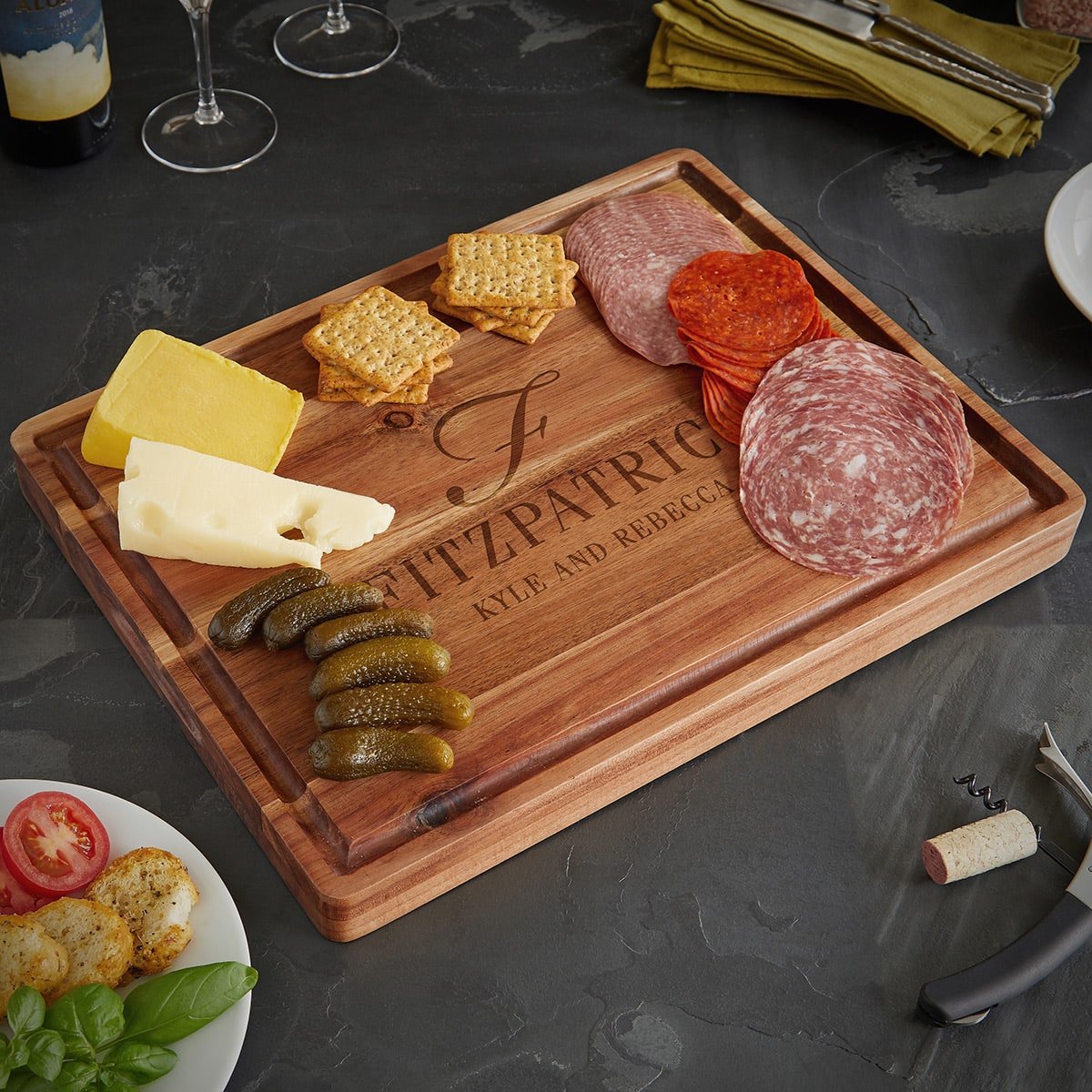 Personalized 17x13x1.5 Acacia Charcuterie Board + Cutting Board w Juice Groove