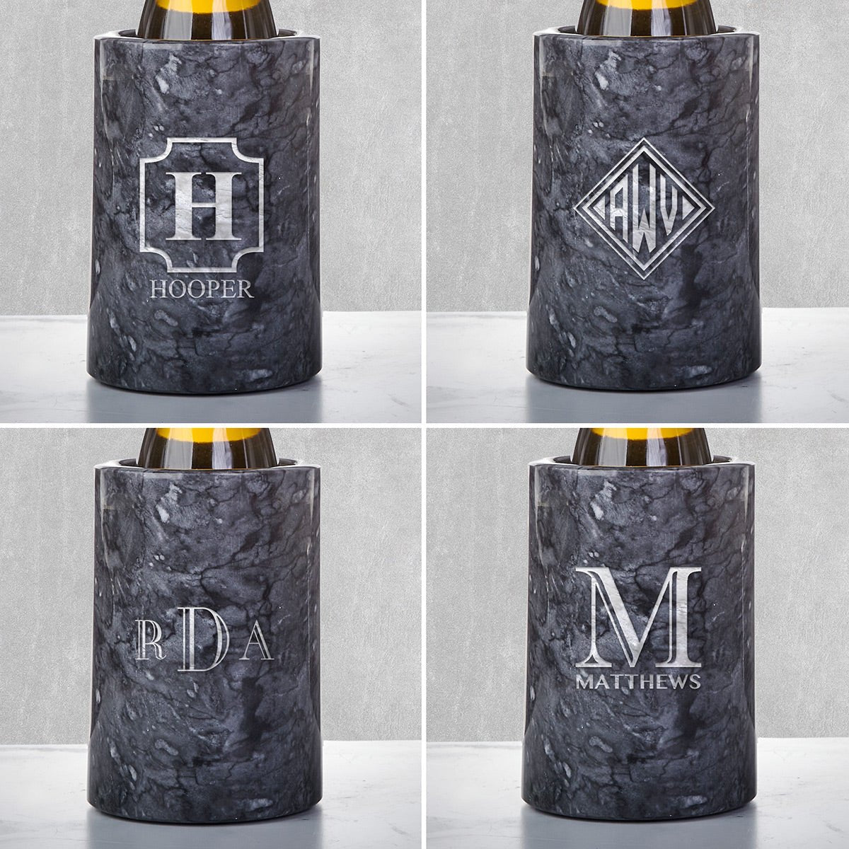 Personalized Marble Wine Chiller, Black with Custom Wine Glasses