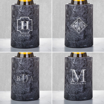 Personalized Marble Wine Chiller, Black with Custom Wine Glasses