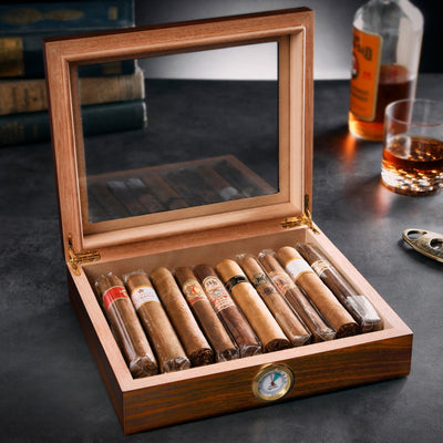 Santiago Humidor Box with Digital Hygrometer, Madagascar Brown