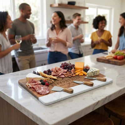 Trieste Personalized Marble Cutting Board - White Marble and Wood Charcuterie Board for Cheese 16 x 9 x 1/2 inch