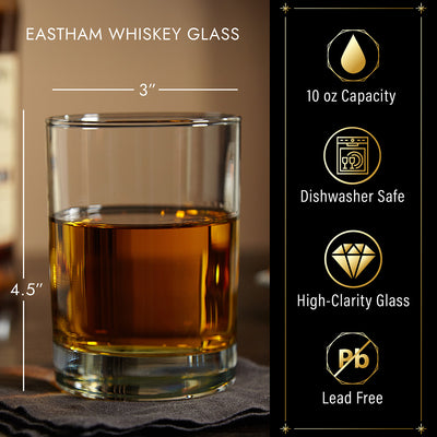 Whiskey glass with amber liquid, labeled 3 in wide and 4.5 in tall; icons note 10 oz, dishwasher safe, lead free.