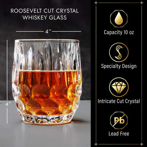Cut crystal whiskey glass with amber liquid; 4-inch height/width, 10 oz capacity, lead-free design callouts.