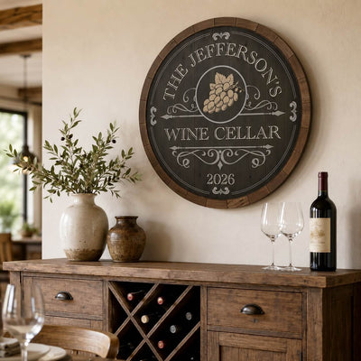 Beauteous Barrel Custom Wine Cellar Sign (2 Colors) - Wine Decor Wall Art