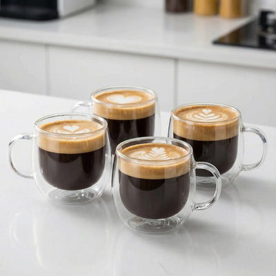Benson Double Wall Glass Coffee Mugs - Cappuccino Latte Espresso Set of 4