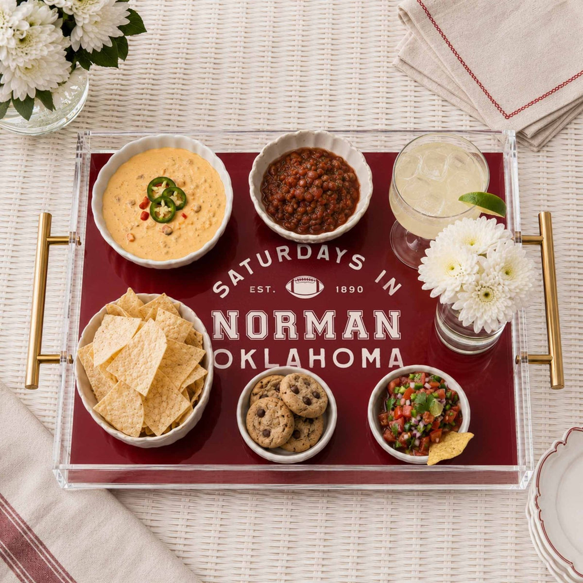 custom college football acrylic serving tray with snacks