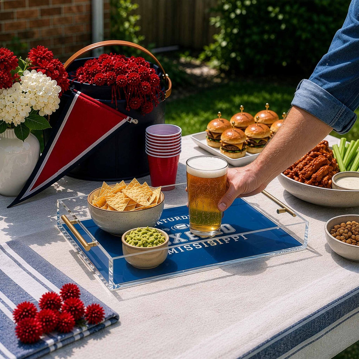 custom college football acrylic serving tray used outdoors