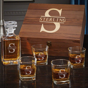 Decanter + 4 Glasses + Wood Box