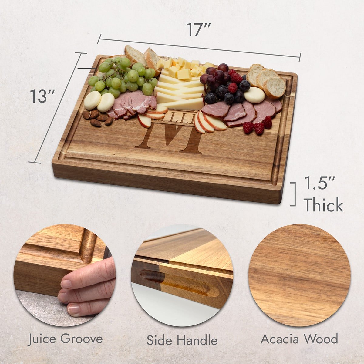 Custom Monogram 17x13x1.5 Hardwood Cutting Board w Juice Groove