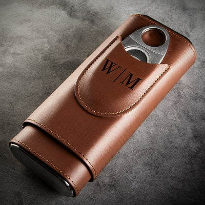 Custom Oxley Cigar Glass and Cedar - Lined Cigar Case, Brown Leather
