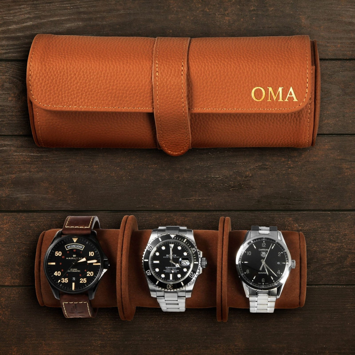 Durham Custom Leather Watch Roll for Travel, Camel