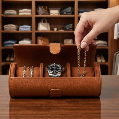 Durham Custom Leather Watch Roll for Travel, Camel