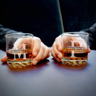 2 Custom Engraved Buckman Whiskey Glass held by men