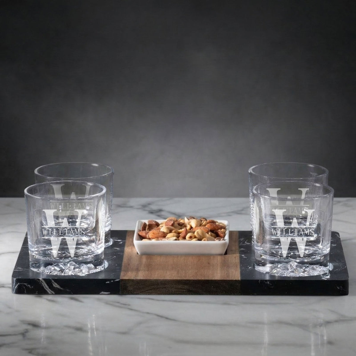 4 empty custom Glacier Glasses Whiskey Gift Set w/ Marble Serving Tray and nuts