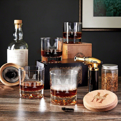 Halo Whiskey Smoker Gift Set 9pc with Four Engraved Glasses