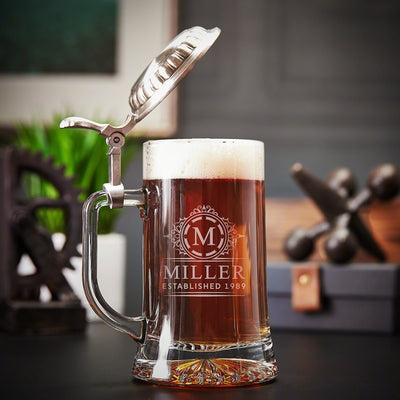 Personalized Beer Stein with Pewter Lid, Set of 2
