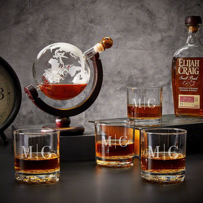 Personalized Globe Whiskey Decanter with Rocks Glasses - 5pc
