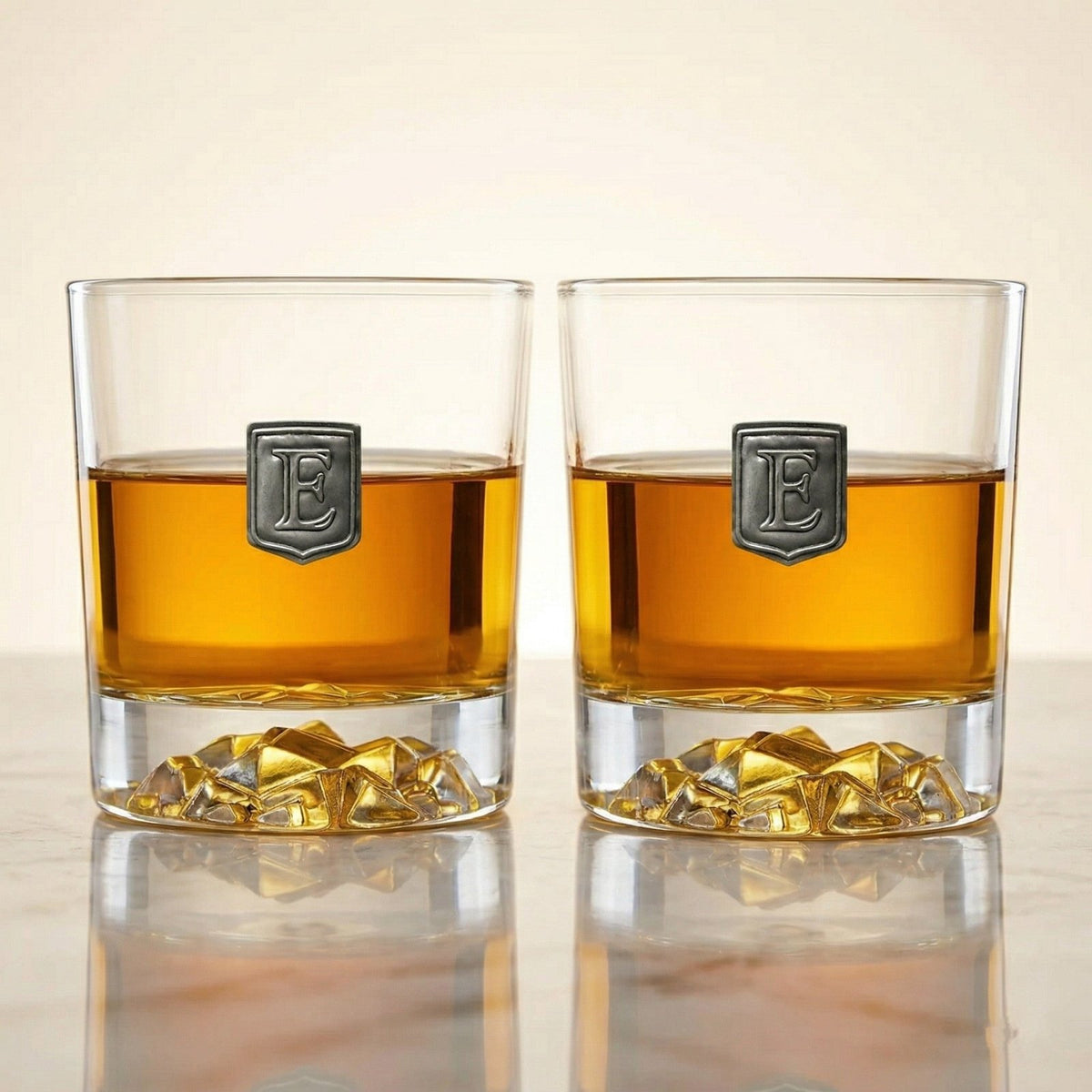 Pewter Crested Whiskey Glasses with Glacier Bottom