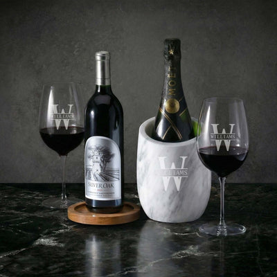 custom engraved Reed Marble Champagne & Wine Chiller w/ Red Wine Glasses