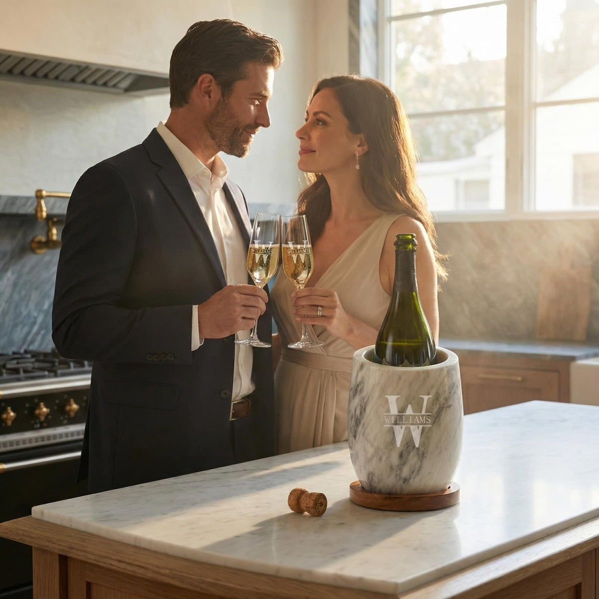 lovers enjoying the Reed Marble Wine Chiller Set w/ glasses