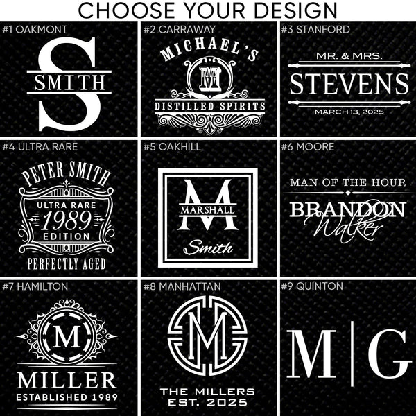 Nine personalized name and monogram designs in classic, vintage, and modern styles, labeled for selection