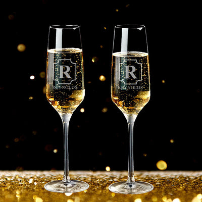Stolzle Personalized Champagne Flutes with White Marble Champagne Bottle Chiller