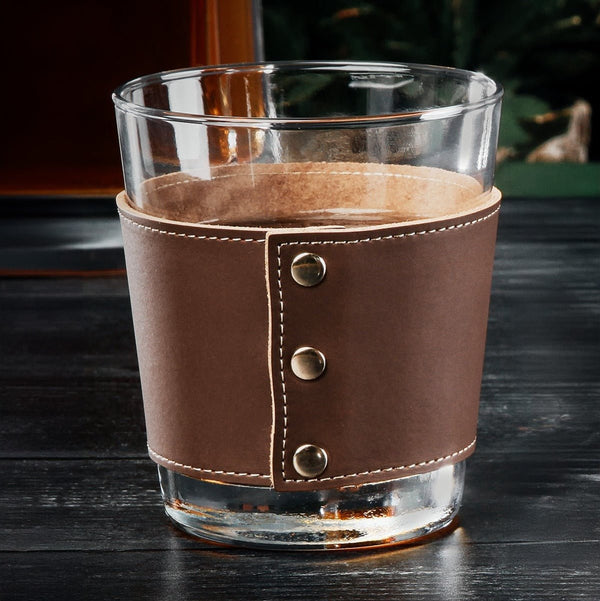 Stratford Whiskey Glasses with Custom Leather Wrap, Set of 2