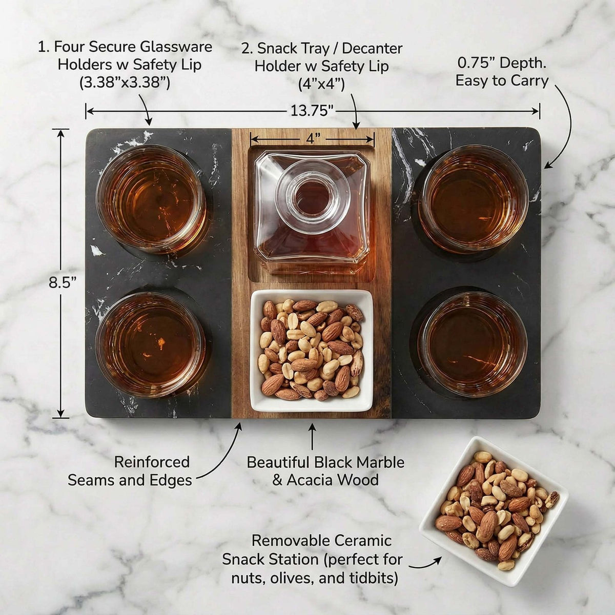 Infographics of Winslow Serving Tray w/ bowl, decanter and glasses with liquor and snacks 